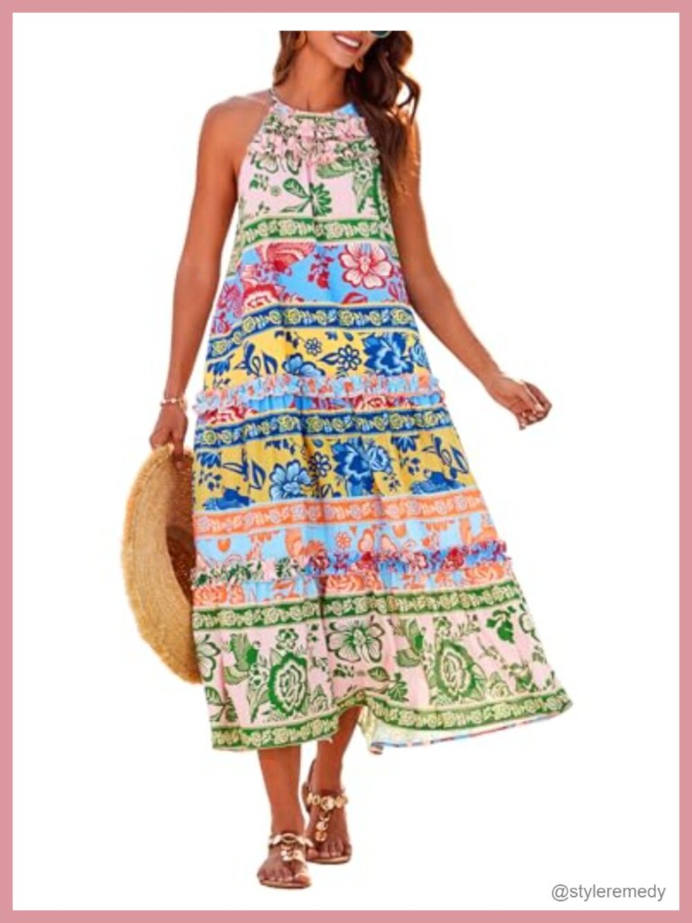 Women's Floral Halter Maxi Dress Boho Tiered Ruffle Beach Sundress
